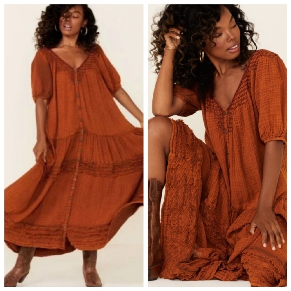 Free People XS Sunday Stroll Smocked Ruffle Boho Oversized Maxi Dress